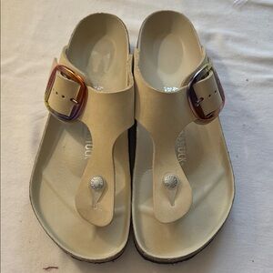 Birkenstock Cream Sandals with Multicolor Buckle